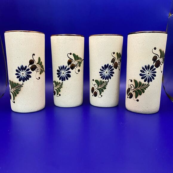 Vintage Four Mexican Tonala decorated tumblers Blue flower green leaves signed - Picture 2 of 7